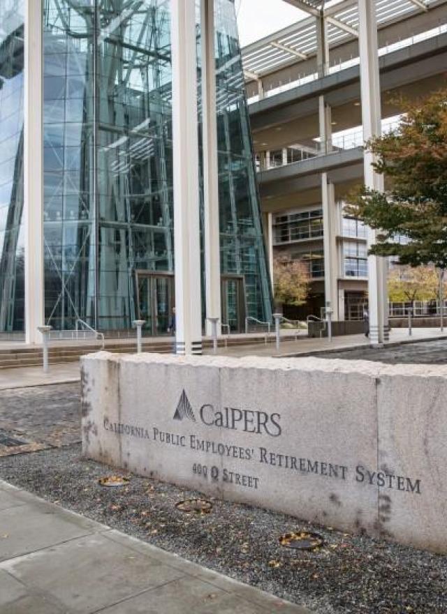 Outside CalPERS headquarters, a large modern building