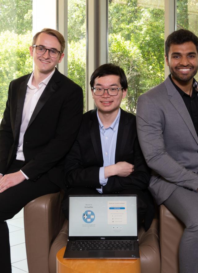 The 3-person SchedGo team pose in Gallagher Hall