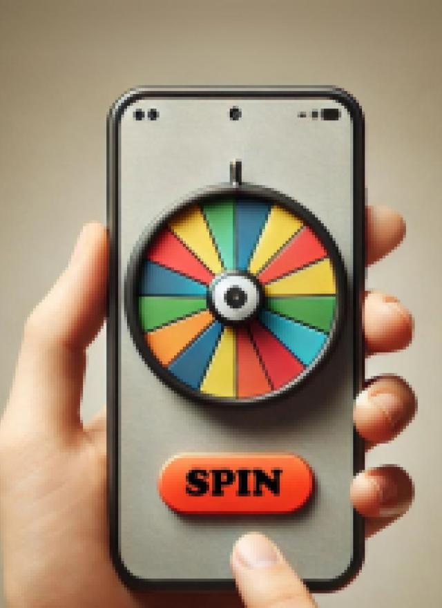 A mobile phone displaying a digital spinning wheel with colorful segments and a large red 'Spin' button below it. A hand is holding the phone, ready to spin the wheel.