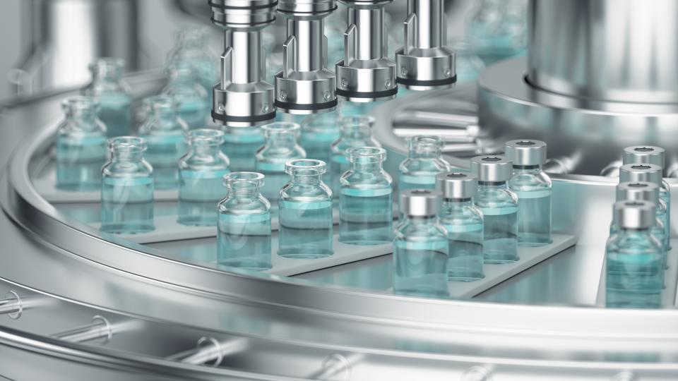 3d render. Pharmaceutical manufacture background with glass bottles with clear liquid on automatic conveyor line.