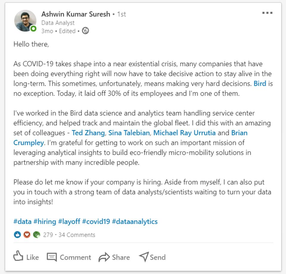 A screenshot of a LinkedIn post by Ashwin Suresh, writing about being laid off from Bird